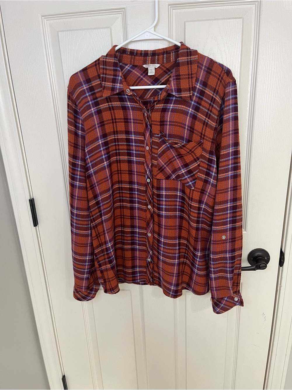 Cato Orange and Purple Plaid Snap Button-Down Shirt